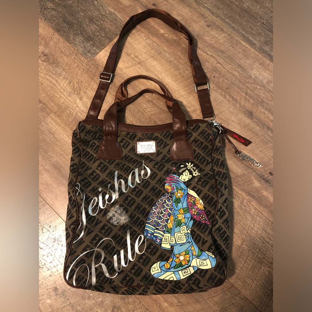 Ed Hardy Brown Graphic Huge Statement Tote Bag with Colorful Geisha Motif